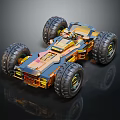 Orange And Blue Toy Car With Large Tires And Metallic Sporty Design