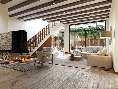 Cozy Living Room With Wooden Ceiling Fireplace Staircase Sofa And Large Windows 3d model