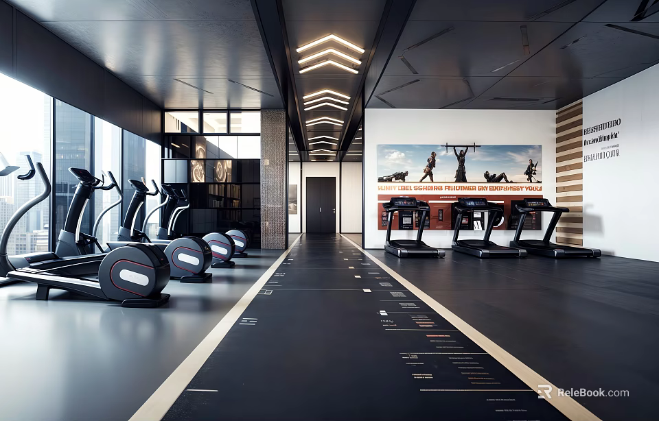 Spacious Gym Interior With Treadmills Elliptical Machines And Large Windows 3d model