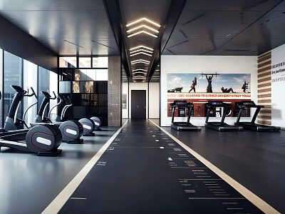 Spacious Gym Interior With Treadmills Elliptical Machines And Large Windows 3d model