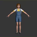 Child with Red Hair Wearing Blue Overalls Shorts and White T-shirt Standing with Arms Outstretched
