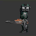 Green And Silver Mech Standing With Small Robots On Dark Background 3d model