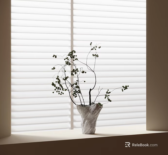 Textured Vase with Flowering Branches and Small Berries on Windowsill by Window Blinds 3d model 