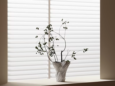 Textured Vase with Flowering Branches and Small Berries on Windowsill by Window Blinds 3d model