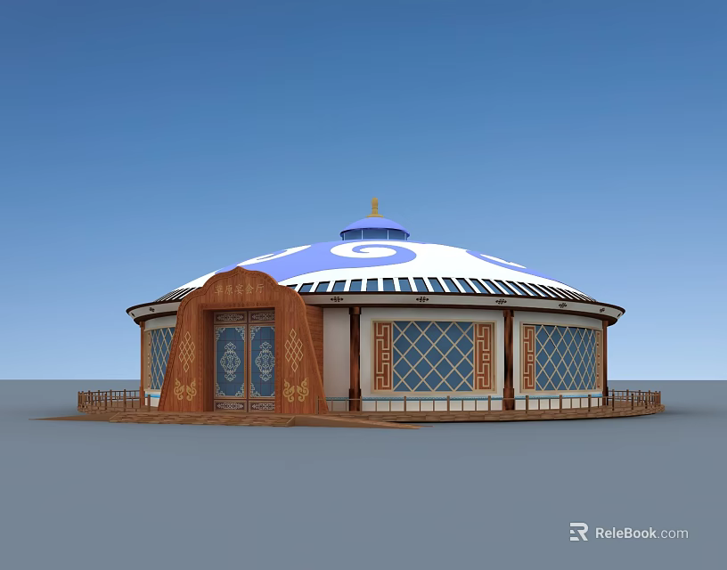 Traditional Yurt Architecture Featuring Round Blue Roof And Wooden Lattice Windows 3d model 