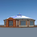 Traditional Yurt Architecture Featuring Round Blue Roof And Wooden Lattice Windows