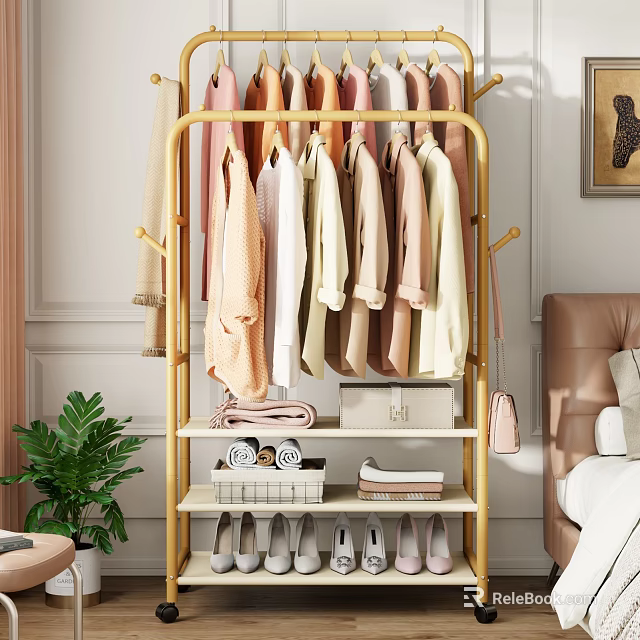 Golden Clothes Rack With Hanging Colorful Garments And Storage Shelves In Bedroom 3d model 