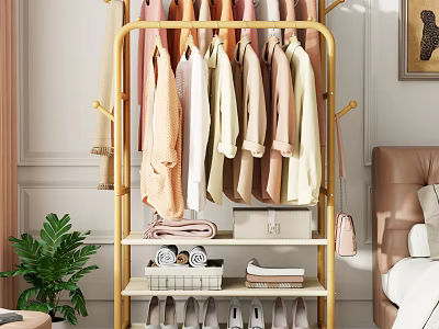 Golden Clothes Rack With Hanging Colorful Garments And Storage Shelves In Bedroom 3d model