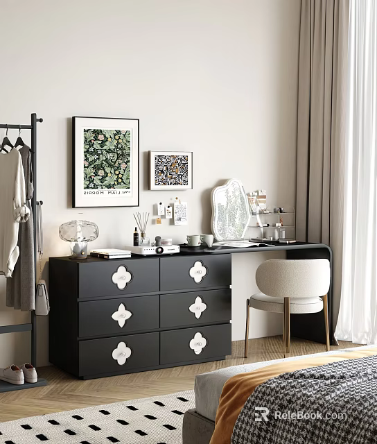 Stylish Black Dressing Table With White Accents Mirror Makeup And Accent Chair 3d model 