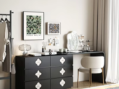 Stylish Black Dressing Table With White Accents Mirror Makeup And Accent Chair 3d model