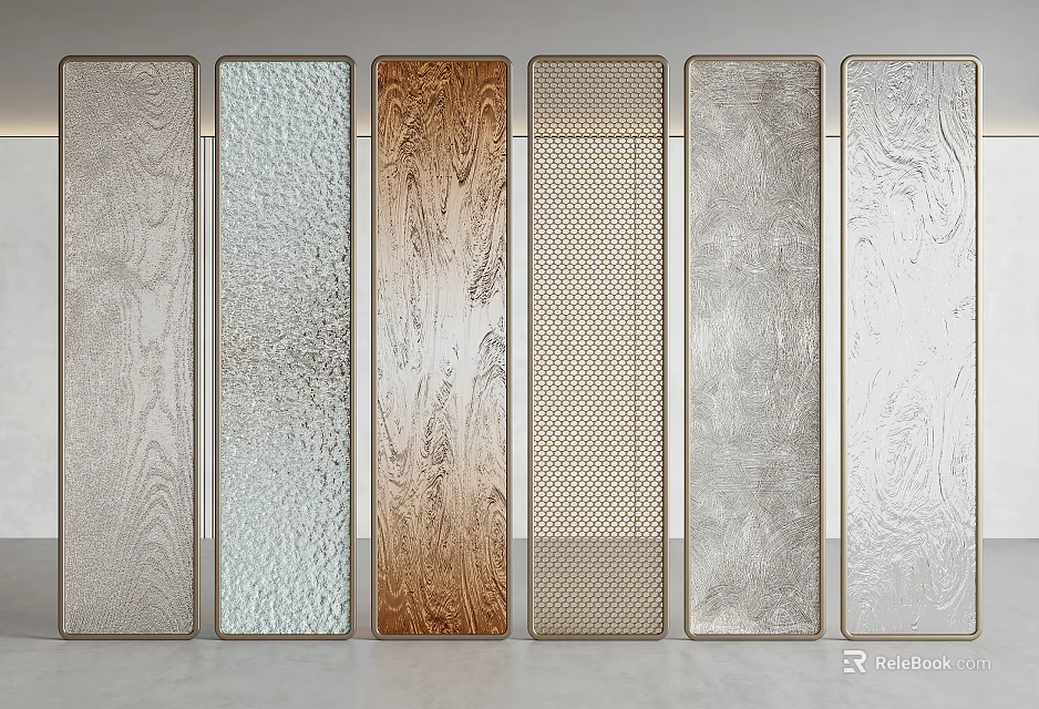Diverse Material Room Dividers Featuring Wood Grain Glass Metal Textures And Metal Frames 3d model 