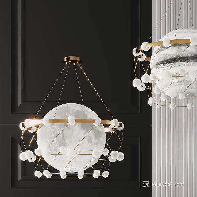 Modern Moon Shaped Chandelier With Brass Frame And White Spherical Decorations 3d model 