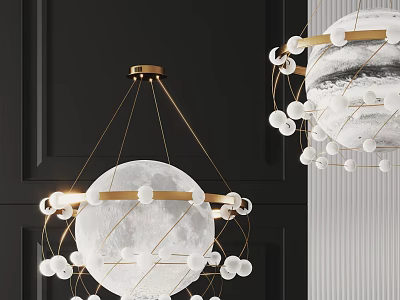 Modern Moon Shaped Chandelier With Brass Frame And White Spherical Decorations 3d model