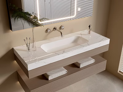 Modern Bathroom Vanity Cabinet with Marble Countertop Under-mount Sink Towels Mirror and Decorative Plant 3d model