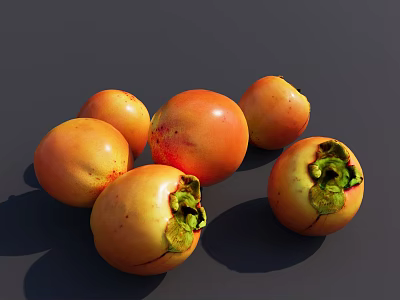 Fresh Ripe Persimmons With Vibrant Orange Skin And Green Calyx On Dark Background 3d model