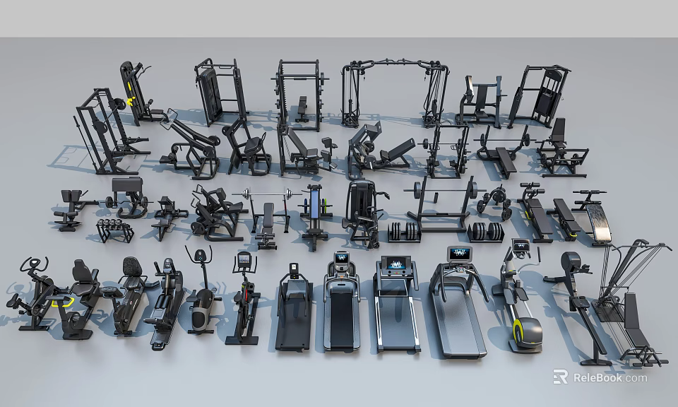 Comprehensive Collection of Fitness Equipment Including Treadmills Dumbbells and Exercise Machines 3d model 