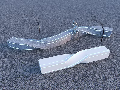 Wavy Curved Landscape Seats on Gray Ground with Trees and Person Sitting 3d model