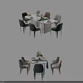 Modern Dining Table Set With Marble Tabletop And Upholstered Chairs Plus Decorative Flower Arrangement 3d model