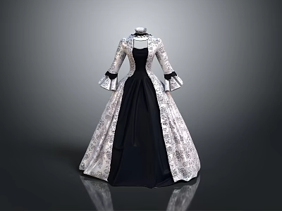 Vintage Black And White Floral Pattern Long Sleeve Full Skirt Dress 3d model