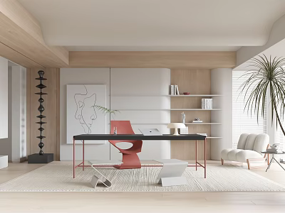 Modern Study Room Interior With Black Desk Red Chair And Wooden Bookshelves 3d model