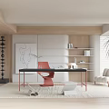 Modern Study Room Interior With Black Desk Red Chair And Wooden Bookshelves