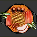 Colorful Hot Pot With Blue Pot Orange Broth Sliced Meat Octopus And Greens