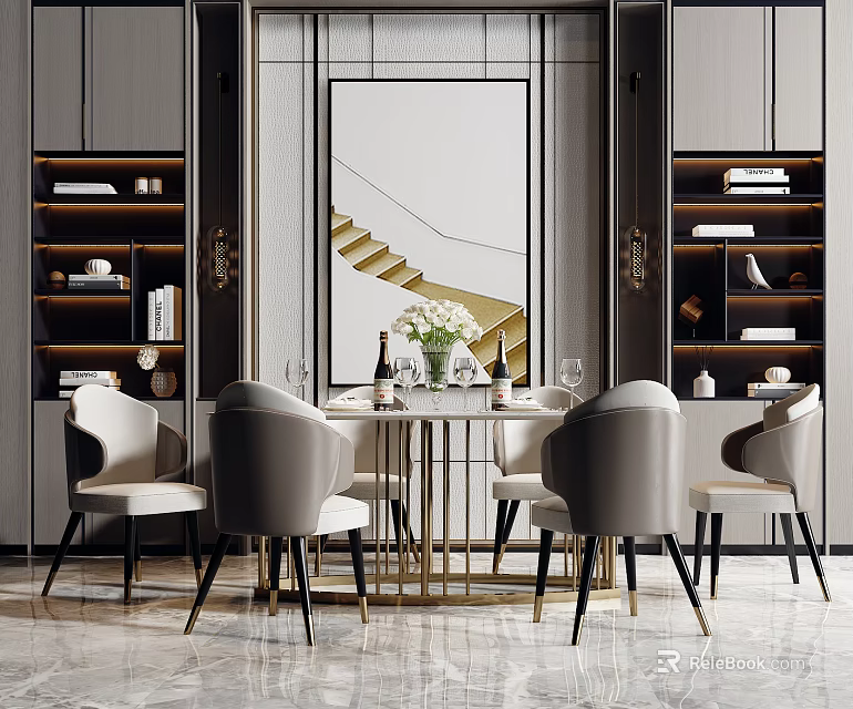 Elegant Modern Dining Table Set With Upholstered Chairs Decorative Painting Wine Glasses And Storage Cabinets 3d model 