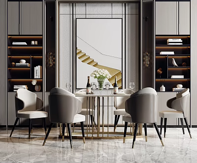 Elegant Modern Dining Table Set With Upholstered Chairs Decorative Painting Wine Glasses And Storage Cabinets 3d model