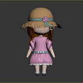 Cute Doll Character Wearing Straw Hat With Flower Pink Dress Blue Belt And Brown Hair