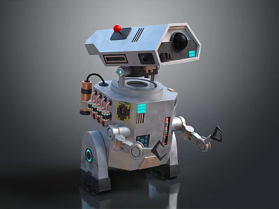 Sci Fi Robot Character With Mechanical Arms Red Button And Lens Details 3d model