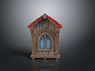 Wooden Structure With Red Roof Arched Blue Glass Window And Wheels 3d model