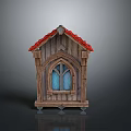 Wooden Structure With Red Roof Arched Blue Glass Window And Wheels