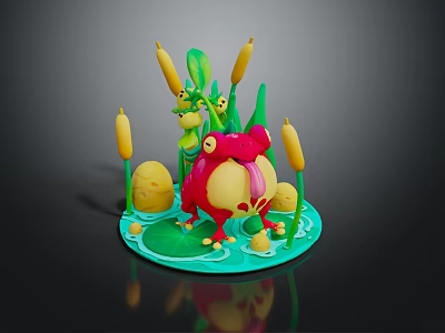 Colorful Game And Movie Frog Character With Green Cattails Lily Pad Stones In Pond Environment 3d model