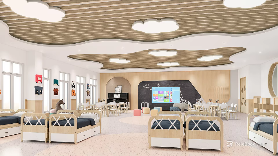 Bright Kindergarten Indoor Space With Cloud Lights Wooden Beds Activity Tables And Blackboard 3d model 