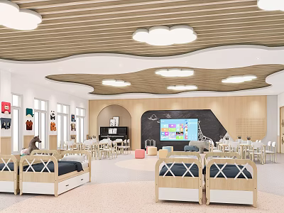 Bright Kindergarten Indoor Space With Cloud Lights Wooden Beds Activity Tables And Blackboard 3d model