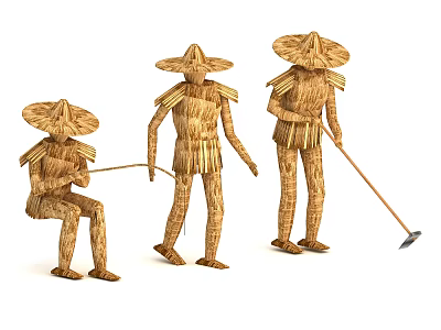 Woven Straw Scarecrows With Straw Hats In Sitting And Standing Poses Holding Hoe 3d model
