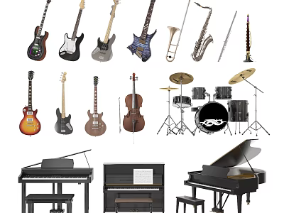 Collection of Assorted Musical Instruments Including Guitars Saxophone Drums And Piano 3d model
