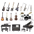 Collection of Assorted Musical Instruments Including Guitars Saxophone Drums And Piano