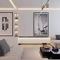 Modern Living Dining Room Interior Design With Sofa Carpet Pendant Light Curtains and Wall Art