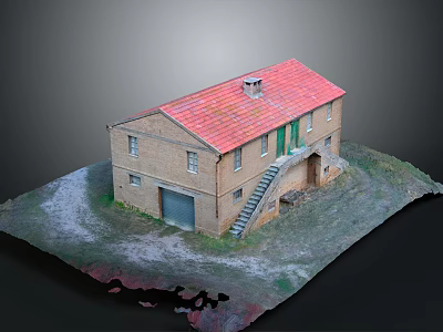 Brick Building Featuring Red Roof Green Door Staircase Garage Door on Grassy Surface 3d model
