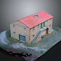 Brick Building Featuring Red Roof Green Door Staircase Garage Door on Grassy Surface