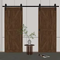 Wooden Barn Door Interior Design with White Wall and Small Table Plant