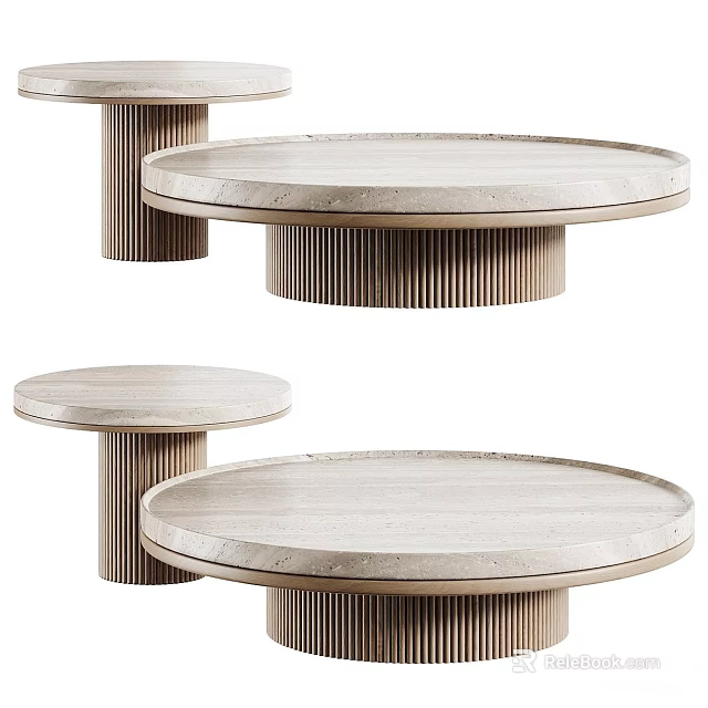 Modern Round Travertine Top Coffee Table Sets With Fluted Metal Base For Luxury Living Room 3d model 