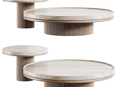 Modern Round Travertine Top Coffee Table Sets With Fluted Metal Base For Luxury Living Room 3d model