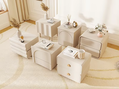 Multiple Light Colored Modern Bedside Tables On Carpet With Decorative Vases Books And Cups 3d model