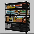 Industrial Storage Shelf With Storage Boxes Tools Tires Cleaning Bottles And Metal Cans