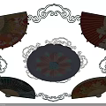 Traditional Chinese Lanterns With Decorative Lotus Pattern Cloud Borders And Colorful Fans