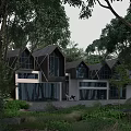 Modern Forest House With Large Glass Windows And Surrounded By Green Trees