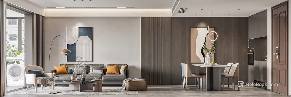 Modern Living Dining Room Interior With Sofa Dining Table And Decorative Wall Art 3d model