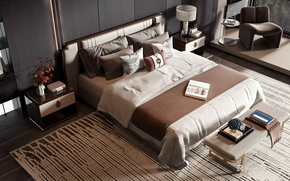 Modern Double Bed Interior With Upholstered Headboard Brown Beige Pillows Quilt Nightstand Lamp Striped Rug 3d model 